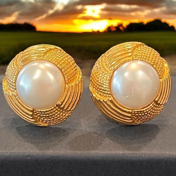 Chanel Vintage 24K Plated Pearl Clip Earrings - Picture 1 of 5
